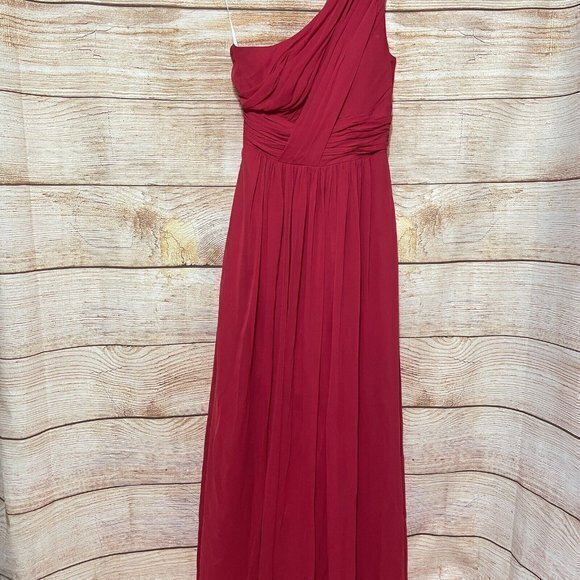 After Six Parisian Red K505 One Shoulder Chiffon Shirred Front Slit Maxi Gown‎ - Picture 4 of 9